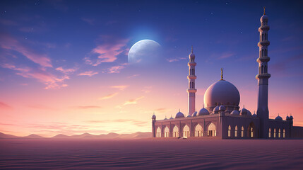 illustration of a mosque in the middle of the desert with a beautiful twilight sky - obrazy, fototapety, plakaty