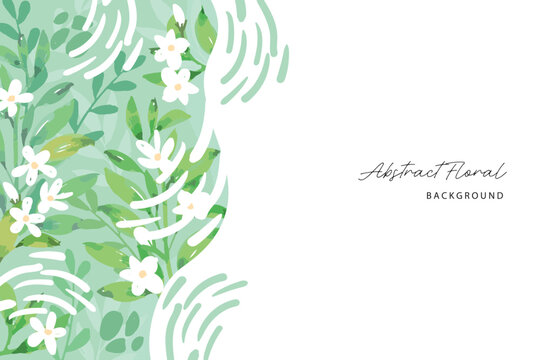 Spring background with jasmine green leaves frame background. Vector jasmine flower banners. Asiatic Jasmine Watercolor illustration. Hand drawn element design. Artistic vector jasmine design element.
