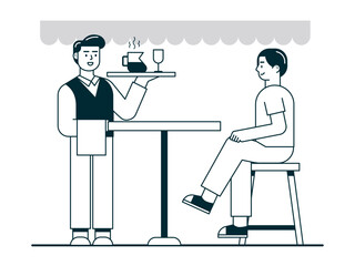 Waiter serves coffee for customer. Coffee time vector illuatrations.