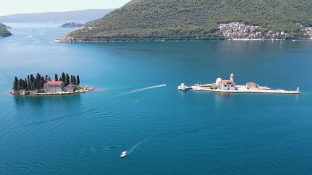 Drone view of Our Lady of the Rocks and Bay of Kotor 