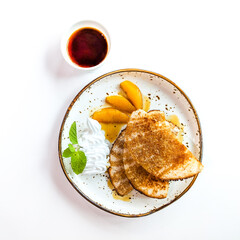 Tumpik or lemantak with apong sugar sauce is traditional sarawakian cuisine. Flatlay photo.