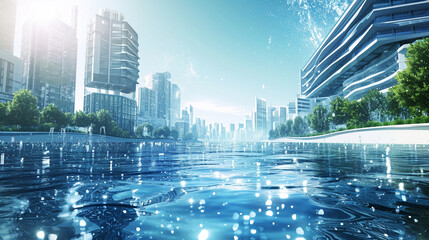 A depiction of advanced water purification systems in a future city, world of the future, dynamic and dramatic compositions, with copy space