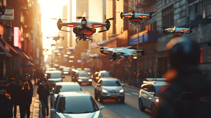 Obraz premium A scene of people using personal flying devices, reducing ground traffic, world of the future, dynamic and dramatic compositions, with copy space