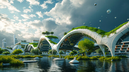 A futuristic school teaching environmental stewardship and sustainability, world of the future, dynamic and dramatic compositions, with copy space