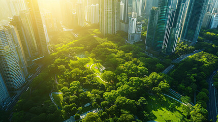 A concept of interconnected green spaces and parks within urban settings, world of the future, dynamic and dramatic compositions, with copy space