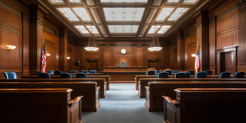 Judicial Authority: An Empty Courtroom with Antique Wooden Bench and Flag, Symbolizing Order and Justice - obrazy, fototapety, plakaty