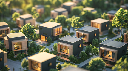 A sustainable living concept featuring tiny houses and communal living spaces, world of the future, dynamic and dramatic compositions, with copy space - obrazy, fototapety, plakaty