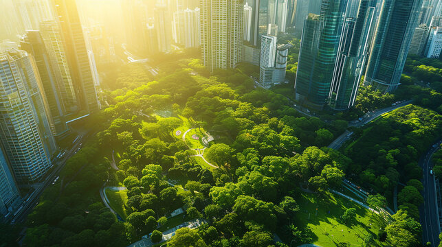 A concept of interconnected green spaces and parks within urban settings, world of the future, dynamic and dramatic compositions, with copy space