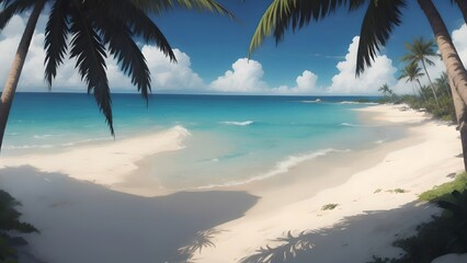 Beach landscape with palm trees and sea, background