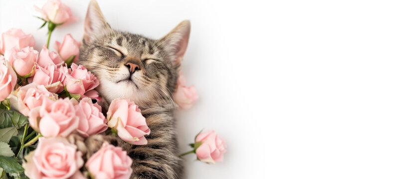 Kitten Tranquility,  Pet Cat in a Bed of Pink Roses, A Captivating Valentine's Day Portrait of Feline Grace and Natural Beauty.