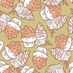 Tasty sweet cupcake dessert decorative seamless vector pattern for textile design, fabric print, digital or wrapping, wall paper, background and backdrop, bakery shop decoration, cafe, restaurant menu