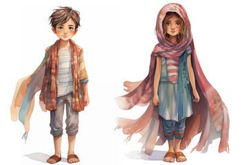Cute little Arabic boy and girl, her cute accentuated by a vibrant and colorful veil, watercolor.