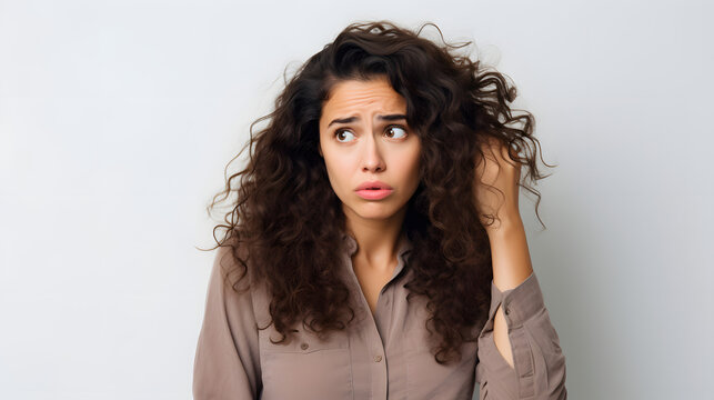 Curly haired girl portrait, showing stressed out face expression while the hand scratching her head. Isolated on white background.