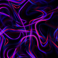 Abstract, fluid colorful lines on a black background. Modern and contemporary texture. Glowing neon with shades of blue, purple, magenta, pink, red