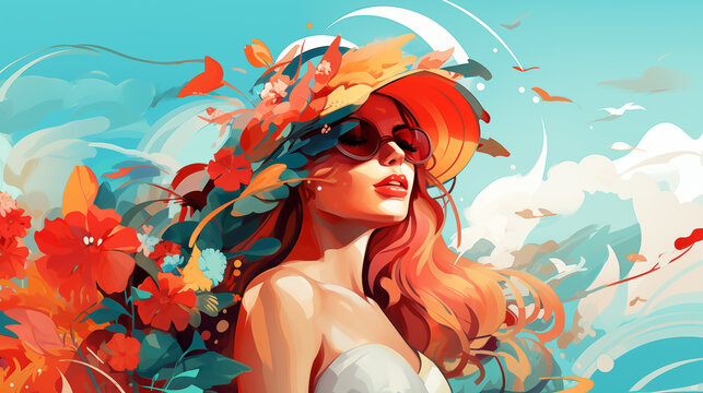 Beautiful woman with sunglasses in summer time the style of modernism inspired portrait, Retro pop art inspirations