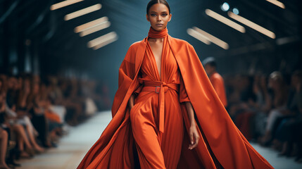 A girl on the catwalk demonstrates clothes from a new collection