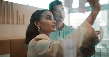 Teamwork, tablet and business people writing glass board, planning and startup project with problem solving, solution and productivity. Professional, creative director or employees with brainstorming