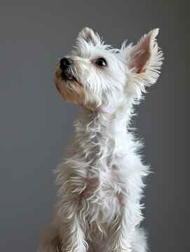 Cute little white terrier dog. Studio photography with volumetric lighting with a gray background.