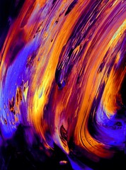 Vibrant, colorful and fluid abstract paint texture on a black background in a modern and contemporary style with shades of orange, purple, yellow, red