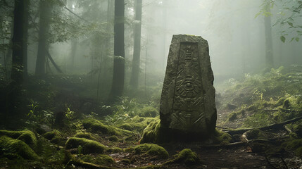 A mysterious, ancient rune stone in a misty forest clearing - obrazy, fototapety, plakaty