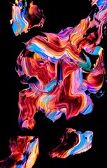 Vibrant, colorful and fluid abstract paint texture on a black background in a modern and contemporary style with shades of red, orange, blue, yellow, magenta, pink