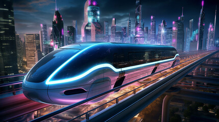 A sleek, futuristic maglev train gliding through a neon-lit cityscape at night - obrazy, fototapety, plakaty