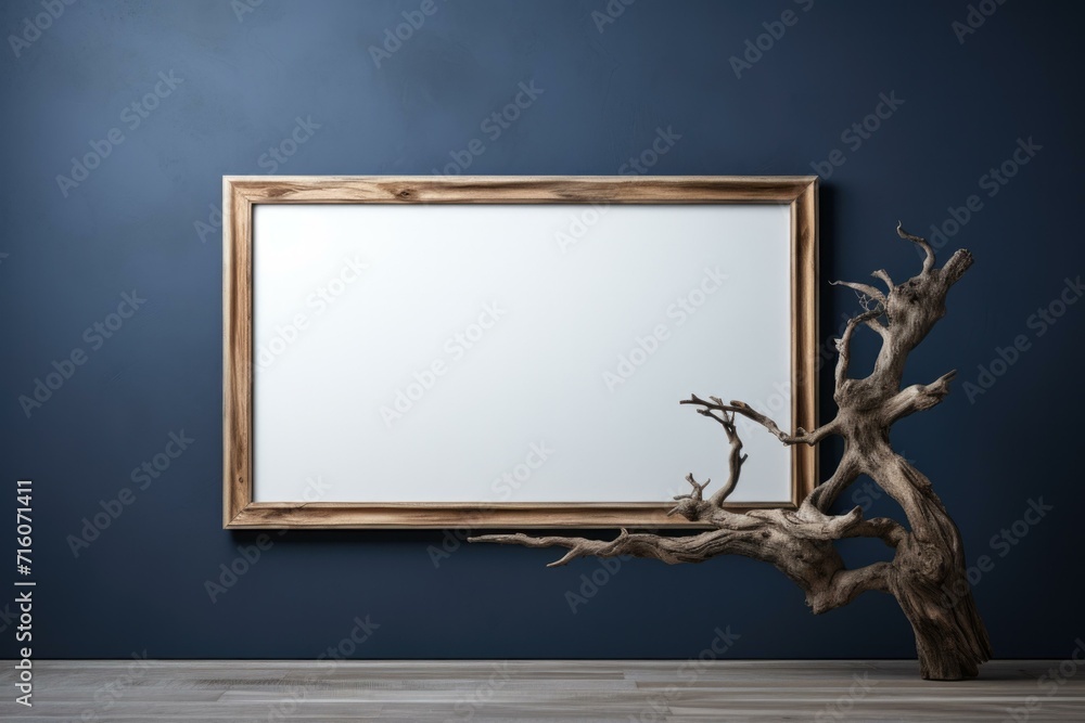 Poster a rustic wooden frame with a tree branch on a blue wall. generative ai.