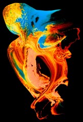 Vibrant, colorful and fluid abstract paint texture on a black background in a modern and contemporary style with shades of orange, blue, yellow, cyan, red