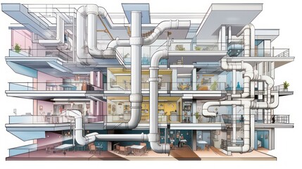 Design sketch of a multi-storey building house with HVAC circulation system pipes