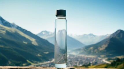 Closeup of a hightech water bottle showing the amount of water consumed, with a mountain landscape in the background. - obrazy, fototapety, plakaty