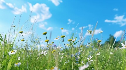 Spring Field with Long Grass Wild Flowers and clear Ai Generative