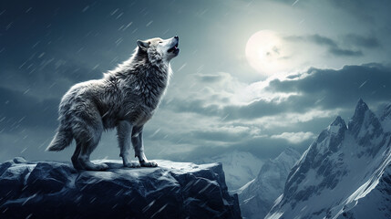 a lone wolf howling at the moon on a snowy mountain ridge - obrazy, fototapety, plakaty