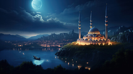 mosque at night on a hilltop with beautiful sky - obrazy, fototapety, plakaty