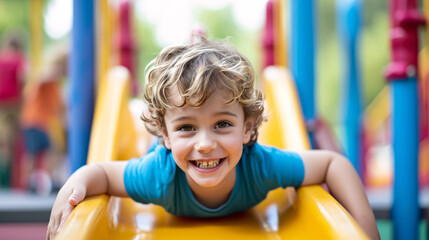 Fototapeta na wymiar A Joyful Preschooler Boy Gleefully Playing on a Slide at a Playground During Summer