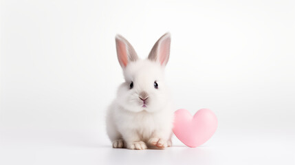 Cute, white rabbit sitting next to a pink heart on a minimalistic, white background.