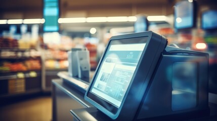 Macro shot of a grocery store selfcheckout machine, showcasing the convenience of AI in customer service.