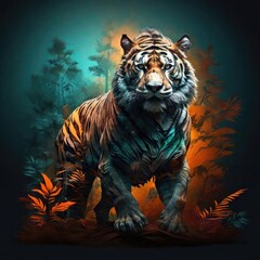 Obraz premium Silhouette of tiger double exposure filled with a forest