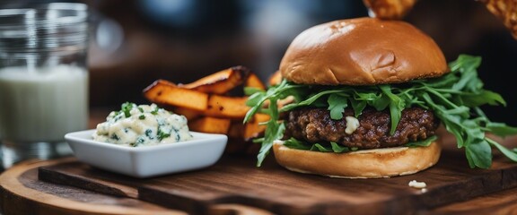 A gourmet burger stacked high with a juicy patty, blue cheese, arugula, and caramelized onions