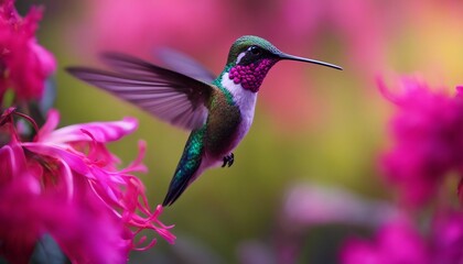 A hummingbird feeding on a bright fuchsia flower, frozen in time