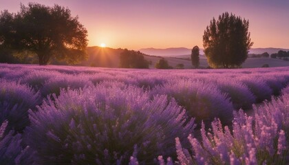 A pastel lavender field with a soft focus, the edges lit with the golden hues of dusk