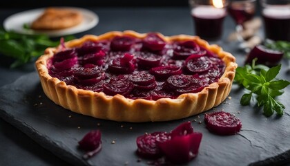 A savory tart with a vibrant red beet filling and a rich, white goat cheese topping, the colors pop - obrazy, fototapety, plakaty
