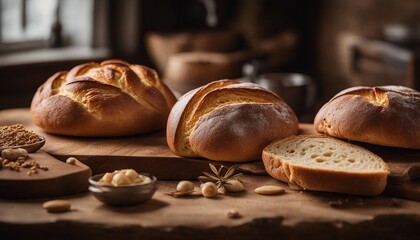 Artisanal Bread Assortment, a selection of freshly baked artisanal bread on a rustic table - obrazy, fototapety, plakaty