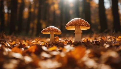 Zelfklevend Fotobehang Autumn Mushrooms Amidst Falling Leaves, a scene of mushrooms surrounded by the fiery hues of autumn © vanAmsen