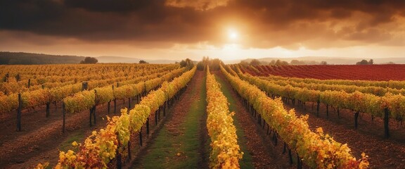 Autumn Vineyard Rows, rows of vineyards in autumn colors, representing change, harvest