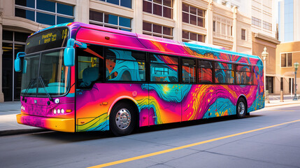An electric city bus with a colorful, artistic wrap navigating urban streets - obrazy, fototapety, plakaty