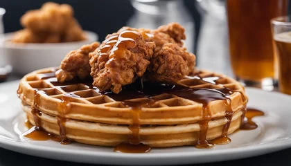 Fototapeten Chicken and Waffles, a classic soul food dish of crispy fried chicken on top of fluffy waffles © vanAmsen