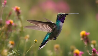 Darting Hummingbird, a hummingbirds iridescent feathers shimmering as it hovers near a wildflower