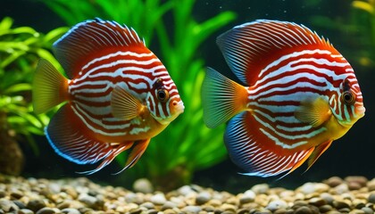 Discus Pair in Amazonian Tank, a pair of discus fish with their distinctive disc-shaped bodies