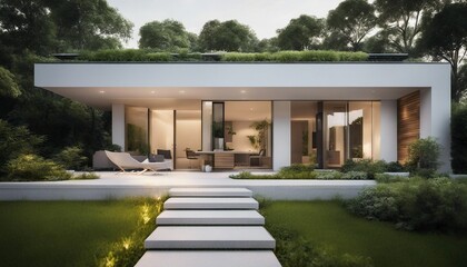  Eco-Friendly Minimalistic Residence, a sleek, white, single-story home surrounded by a verdant