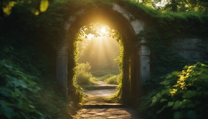 Enchanted Forest Gateway, an ancient stone archway shrouded in ivy, the rising sun casting a golden